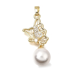 Golden Brass Micro Pave Clear Cubic Zirconia with ABS Imitation Pearl Pendants, Butterfly Charms, Rack Plating, Long-Lasting Plated, Cadmium Free & Lead Free, White, Golden, 34x13x10mm, Hole: 5x2.5mm