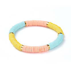 Colorful Stretch Bracelets, with Handmade Polymer Clay Heishi Beads and Brass Spacer Beads, Colorful, 2-1/8 inch(5.3cm)