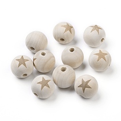 BurlyWood Unfinished Wood Beads, Natural Wooden Beads, Round with Star, BurlyWood, 19~20mm, Hole: 4~5mm