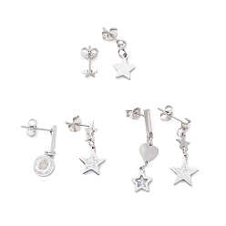 Stainless Steel Color 3 Pair 3 Style Rhinestones Star & Heart Asymmetrical Earrings, 304 Stainless Steel Dangle Stud Earrings for Women, Stainless Steel Color, 5.5~32mm, Pin: 1mm, 1 Pair/style