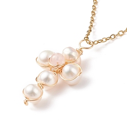 Розовый Кварц Колье с плетеным крестом из натурального розового кварца и жемчуга, 304 ювелирные украшения из проволоки из нержавеющей стали для женщин, 17.72 дюйм (45 см)