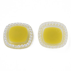 Yellow Acrylic Cabochons, with ABS Plastic Imitation Pearl Beads, Square, Yellow, 20.5x20.5x5mm