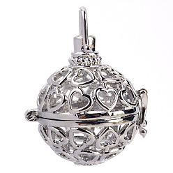 Платина Подвески из латуни, для ожерелья, полые круглые с сердцем, платина, 30x29x24 мм, отверстия: 5x6 мм, Внутренняя мера: 19 мм