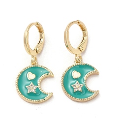 Dark Turquoise Moon & Star Golden Brass Dangle Leverback Earrings, with Enamel and Cubic Zirconia, Dark Turquoise, 28x13mm