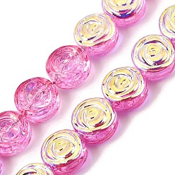 Rosa Caliente Pintura de horneado galvanizada cuentas de vidrio transparentes hebras, plano y redondo con flor rosa, color de ab chapado, color de rosa caliente, 10x5.3 mm, agujero: 1 mm, sobre 65 unidades / cadena, 25.20'' (64 cm)