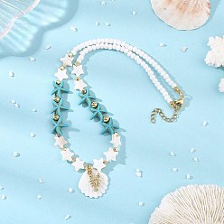 Deep Sky Blue Summer Beach Carved Natural Freshwater Shell and Alloy Shrimp Pendant Starfish Dyed Synthetic Turquoise & Glass Beaded Necklaces for Women, Golden, Deep Sky Blue, 16.06 inch(40.8cm)