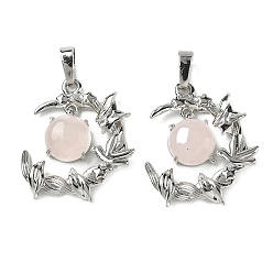Розовый Кварц Природного розового кварца подвески, латунные подвески в виде птиц и луны, платина, стойки покрытие, 27~28.5x23.5~24.5x6.5~7 мм, отверстие : 7x5 мм