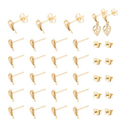 Настоящее золото 18K 100шт. латунные серьги-гвоздики в форме капли, с горизонтальными петлями, Соединительными кольцами (шт.) и ушками (шт.), реальный 100 k позолоченный, 100 мм, отверстие : 18 мм, штифты : 12x10 мм