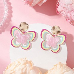 Разноцветный Серьги-гвоздики с подвесками из акрила и бабочки с латунным принтом, с железными ушными гайками, золотые, красочный, 36.5x33.5 мм