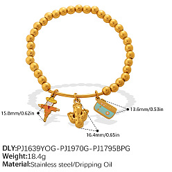 Cactus 304 Bracelets extensibles ronds à perles en acier inoxydable émaillé avec breloques pour femmes, or, colorées, cactus, 7.48 pouce (19 cm)