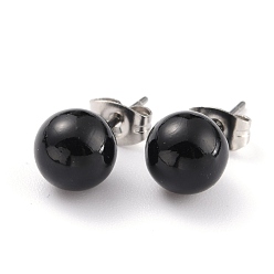 Черный Серьги-гвоздики из акрила с искусственным жемчугом, с 304 гайками из нержавеющей стали, круглые, чёрные, 18x8 мм, штифты : 0.7 мм