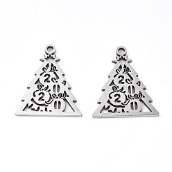 Stainless Steel Color Non-Tarnish 201 Stainless Steel Pendants, Laser Cut, Christmas Tree, Stainless Steel Color, 18.5x15.5x1mm, Hole: 1.4mm