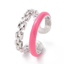 Deep Pink Enamel Double Line Open Cuff Ring, Platinum Plated Brass Jewelry for Women, Deep Pink, US Size 6(16.5mm)