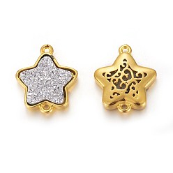 White Brass Links connectors, with Druzy Resin, Golden Plated Color, Star, White, 17.5x15x3.7mm, Hole: 1mm