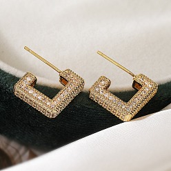 Настоящее золото 18K Женские серьги-гвоздики из латуни с микро-паве в форме квадратной коробки с прозрачным кубическим цирконием, реальный 18 k позолоченный, 13x5 мм