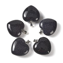 Blue Goldstone Synthetic Blue Goldstone Pendants, Heart Charms, with 304 Stainless Steel Snap on Bails, Stainless Steel Color, 32~33x30x14~15mm, Hole: 7.5x4mm