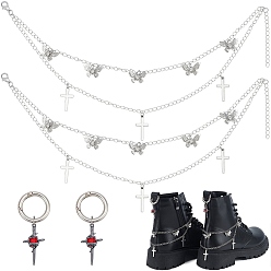 Металлический Чёрный & Платиновый 4шт. 2 стили латунные витые цепочки, цепочки для ремешков сапог и наборы подвесок для обуви из сплава со стразами, с подвеской из сплава и застежками-карабинами, металлический черный & платиновый, 65~330 мм, 2 шт / стиль