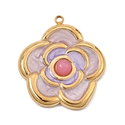 Quartz Rose Naturel a augmenté pendentifs en quartz, 304 Breloques en acier inoxydable émaillé en forme de fleur de lilas, or, 24x21x3.5mm, Trou: 1.4mm