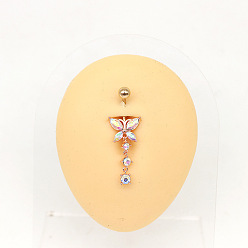 Бабочка 316l хирургическая нержавеющая сталь микропрозрачная прозрачная AB кубический цирконий изогнутая штанга подвесные кольца для живота, золотые, бабочка, штифты : 10x1.6 мм