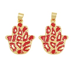 Red Brass Pendants, with Enamel, Hamsa Hand Charms, Cadmium Free & Lead Free, Rack Plating, Long-Lasting Plated, Real 18K Gold Plated, Red, 28.5x23x2mm, Hole: 4x6mm