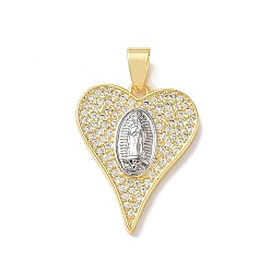 Настоящее золото 18K Двухцветные латунные подвески с микропаве из прозрачных кубических цирконий, сердце с подвесками Девы Марии, стойки покрытие, долговечный, без кадмия и без свинца, реальный 18 k позолоченный, 26x20x3 мм, отверстие : 4.5x7 мм
