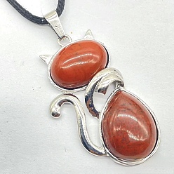 Red Jasper Natural Red Jasper Alloy Cat Shape Pendant Necklaces, Platinum, 23.62 inch(60cm)