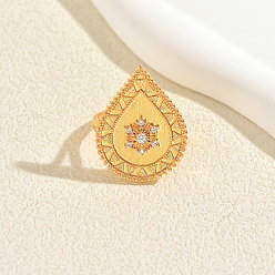 Clear Brass Micro Pave Cubic Zirconia Finger Rings for Women, Teardrop, Golden, Clear, 30mm, Inner Diameter: 16~18mm