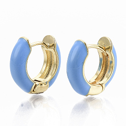 Темно-Голубой Латунные английском замке Серьги-кольца, с эмалью, реальный 18 k позолоченный, глубокое синее небо, 14x15x5 мм, штифты : 1x1 мм