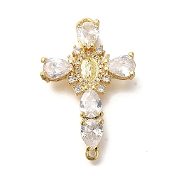 Прозрачный Стойки обшивки латунные микро проложить куб ссылки циркония, долговечный, без кадмия и без свинца, крест с подвесками-соединителями Девы Марии, прозрачные, 40x24.5x7 мм, отверстие : 1.8 мм