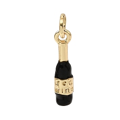 Black Brass Enamel Pendants, Bottle Charms, Rack Plating, Long-Lasting Plated, Real 18K Gold Plated, Lead Free & Cadmium Free, Black, 17.5x4x3.5mm, Hole: 3.5mm