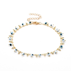 Golden Evil Eye Anklets, with Brass Curb Chains and 304 Stainless Steel Lobster Claw Clasps, Golden, 9-1/8 inch(23cm)x0.2cm