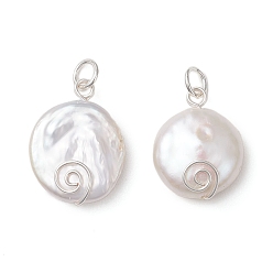Серебро Натуральные кеши жемчужные подвески, плоские круглые подвески, обернутые экологически чистой медной проволокой, белые, серебряные, 17.5~19x13.5~14.5x5~6 мм, Перейти кольцо: 5x0.8 мм, 3.6 mm внутреннего диаметра.