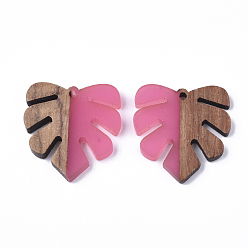 Ярко-Розовый Подвески из смолы и ореха, подвески из тропических листьев, подвеска из листьев монстера, ярко-розовый, 30x28x3.5 мм, отверстие : 2 мм
