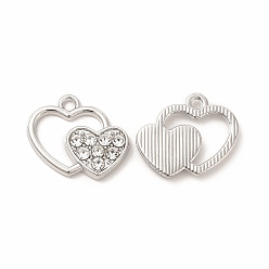 Platinum Alloy Rhinestone Charms, Double Heart, Platinum, 14.5x17.5x2mm, Hole: 1.5mm