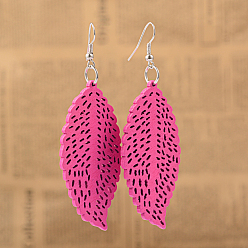 Deep Pink Cute Design Filigree Leaf Wood Dangle Earrings, with Platinum Plated Iron Earring Hooks, Deep Pink, 79mm, Pin: 0.8mm