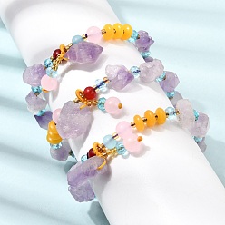 Améthyste Bracelets extensibles pour femmes, ornés de perles et de pépites d'améthyste brutes naturelles., avec des billes en plastique, diamètre intérieur: 2.09~2.36 pouce (5.3~6 cm)