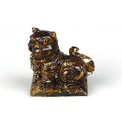 Tiger Eye Resin Tiger Display Decoration, with Gold Foil & Natural Tiger Eye Chips inside Statues for Home Office Decorations, 70x40x65mm
