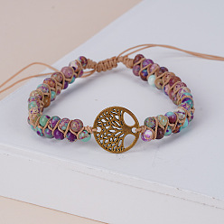 Имперская яшма Браслеты из круглых бусин из натуральной императорской яшмы с плетением, сплав древо жизни браслеты для мужчин и женщин, античное золото , 6-3/4 дюйм (17 см)