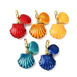 (52) Непрозрачная лаванда Латунные эмалированные европейские подвески с подвесками, подвески с большими отверстиями в форме двойной ракушки, долговечный, стойки покрытие, без кадмия и без свинца, реальный 18 k позолоченный, разноцветные, 30 мм, отверстие : 5.5 мм