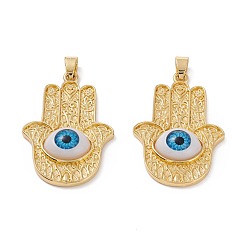 Dodger Blue Brass Pendant, with Resin Eye Cabochons, Long-Lasting Plated, Hamsa Hand, Real 18K Gold Plated, Dodger Blue, 40x26x6mm, Hole: 5x3.5mm