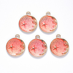 Светло-Коралловый Подвески из эмали и сплава, плоско-круглые, звезда и луна, золотой свет, свет коралловый, 25x21x2 мм, отверстие : 3 мм