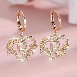 Letter R Серьги-кольца из латуни с микропаве и прозрачным кубическим цирконием в форме сердца, золотые, Буква R, 34x20 мм