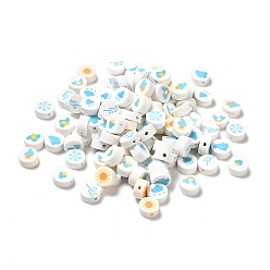 Snow Handmade Polymer Clay Beads, Flat Round with Weather Pattern, Snow, 9.5~10x4.5~5mm, Hole: 1.6~1.8mm