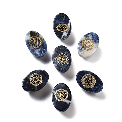 Содалитовое Овальные витринные украшения из натурального содалита, выгравированный символ чакры для балансировки энергии, медитационной терапии, 30~30.5x20x14~15 мм, 7 стили, 1 шт / стиль, 7 шт / комплект
