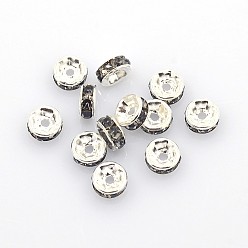 Black Diamond Brass Grade A Rhinestone Spacer Beads, Silver Color Plated, Nickel Free, Black Diamond, 6x3mm, Hole: 1mm