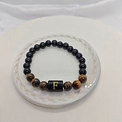 Letter F Браслеты из натурального тигрового глаза и черного обсидиана с круглыми бусинами, колонка с буквой украшения для женщин мужчин, Буква F, 7-1/8 дюйм (18 см)