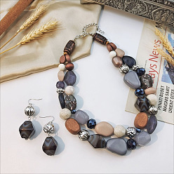 Шифер Серый Комплекты из двухслойных ожерелий и висячих серег с деревянными бусинами, со смолой для женщин, шифер серый, 17.72 дюйм (45 см)