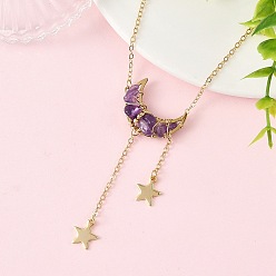 Amethyst Natural Amethyst Chip Beads Moon Pendant Brass Cable Chain Necklaces for Women, Golden, 17.32 inch(44cm)