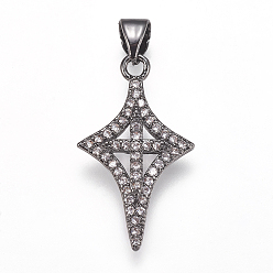 Черный Цвет Металла Латунные микро проложить кубического циркония подвески, ромб с крестом, прозрачные, металлический черный , 24x14x2 мм, отверстие : 3.5x4 мм