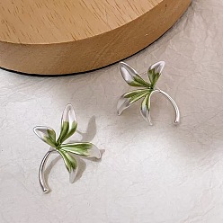Light Green Brass Enamel Stud Earrings for Women, Leaf, Platinum, Light Green, 26mm